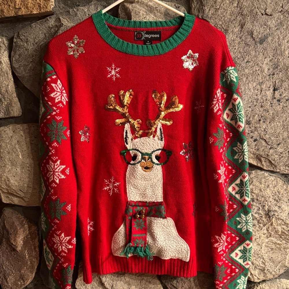 33 Degrees Red and Green Llama Christmas Holiday medium Sweater